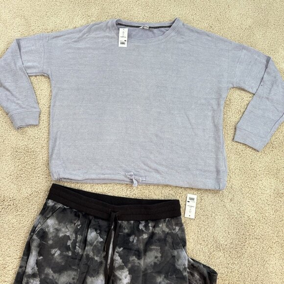 THREE DOTS Pajama Set Womans L Purple Gray Black knit Velour Lounge Stretch NWT - Picture 2 of 14